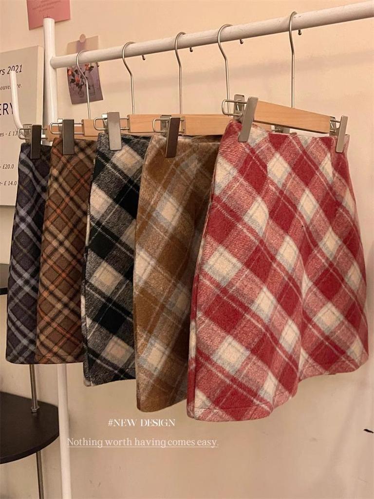 Plus Size Women's High Waist Retro Plaid Wool Mini Skirt