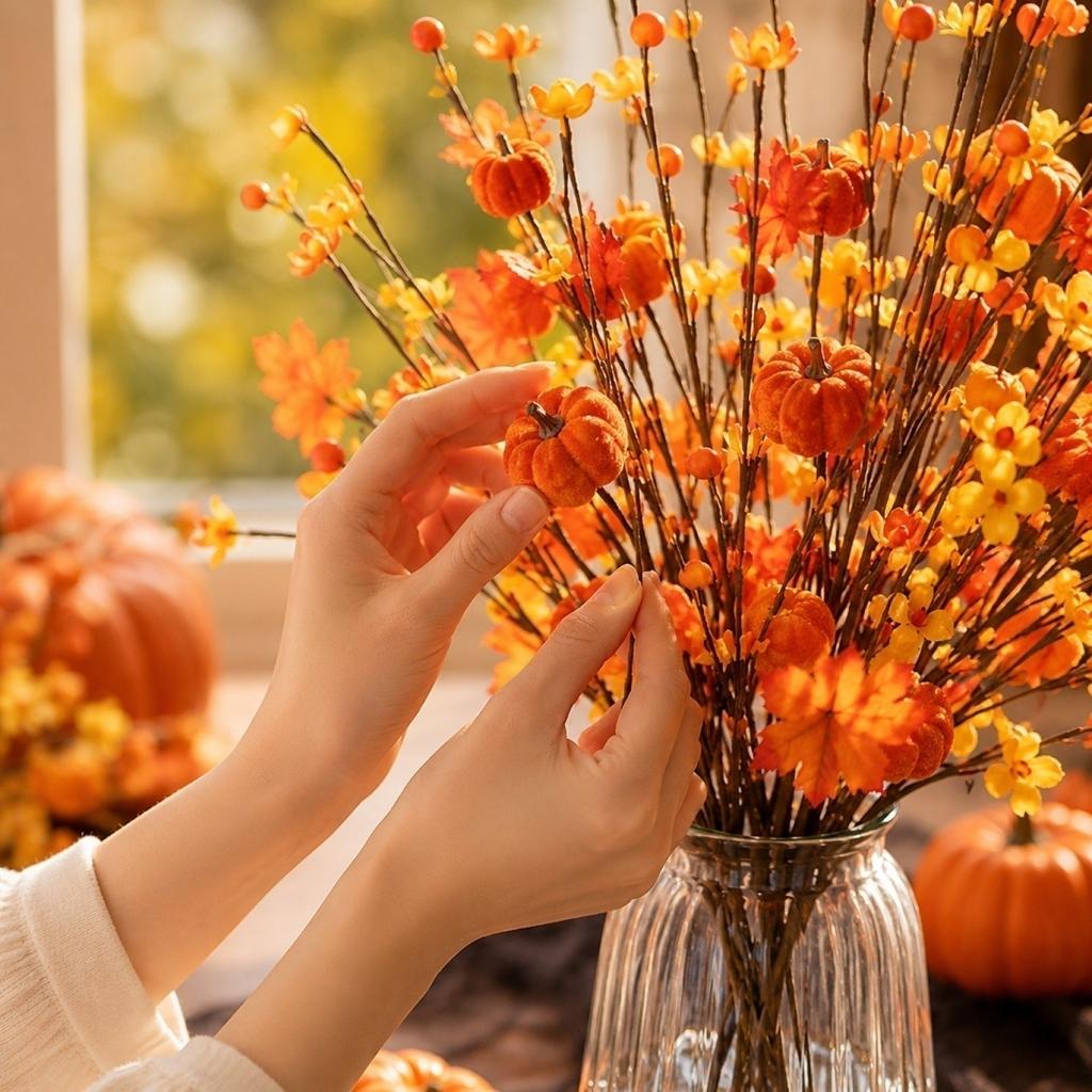 Artificial Pumpkin Maple Leaf Berry Branch for Autumn Harvest Thanksgiving Table Centerpiece Festival Arrangement Decor