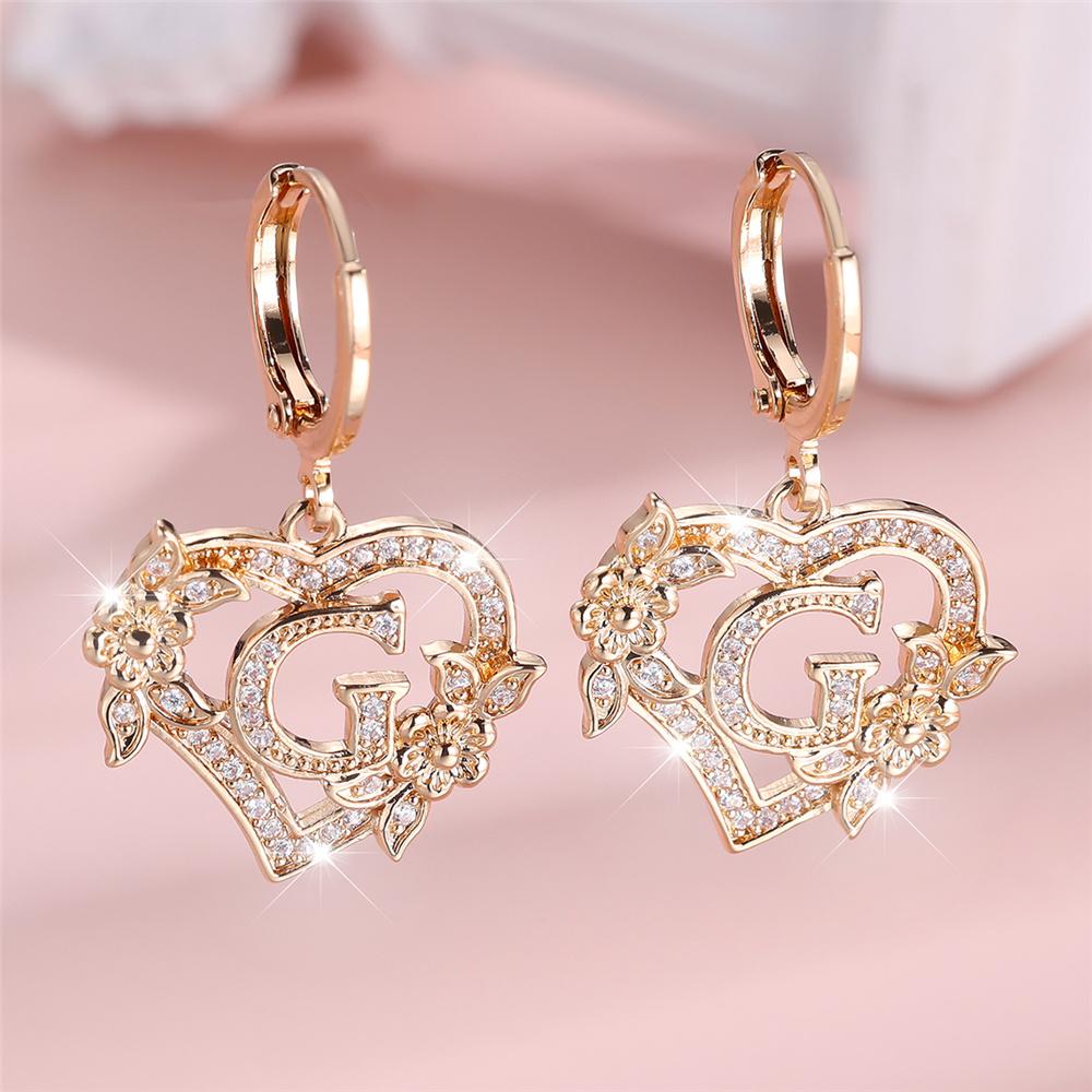Vintage Hollow Love Heart Flower A-Z 26 Letters Hoop Earrings Yellow Gold Color White Zircon Earring Wedding Jewelry For Women