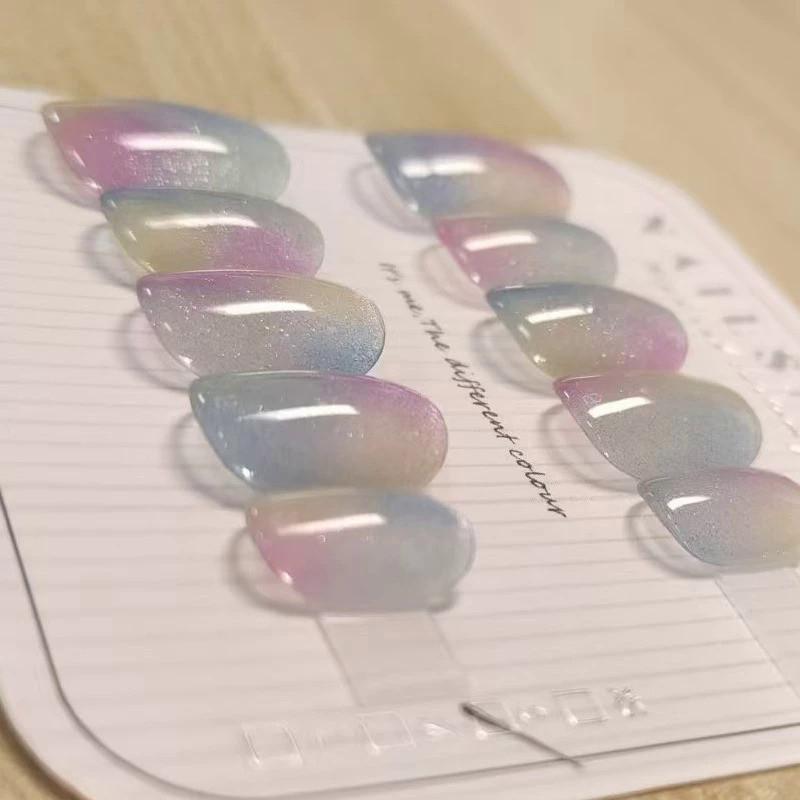 100% Handmade short round shape Candy Colored Full Cat Eye Fake Nail With Glue Art Simple Pearl smudged magic mirror powder Colorful Nails Fake Nails