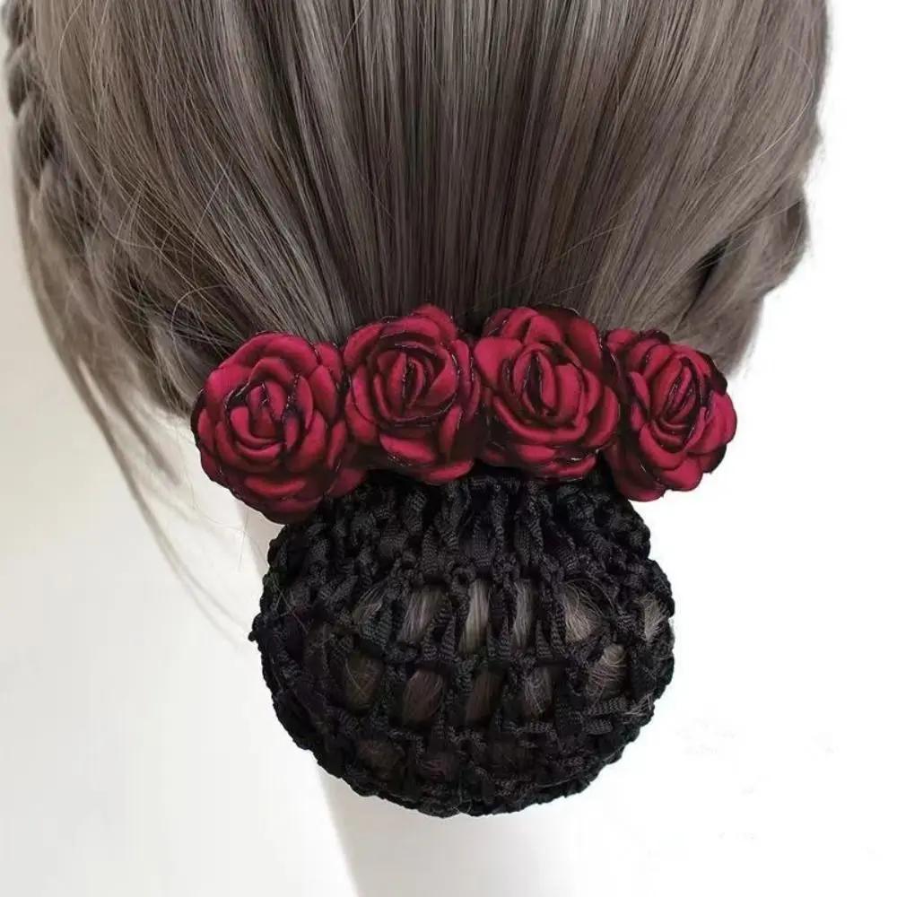 Women Hair Bun Cover Net Snood Hairnet Bow Barrette French Hair Clip Bow Ribbon Flower Hair Accessories for Banks Hotels Staff