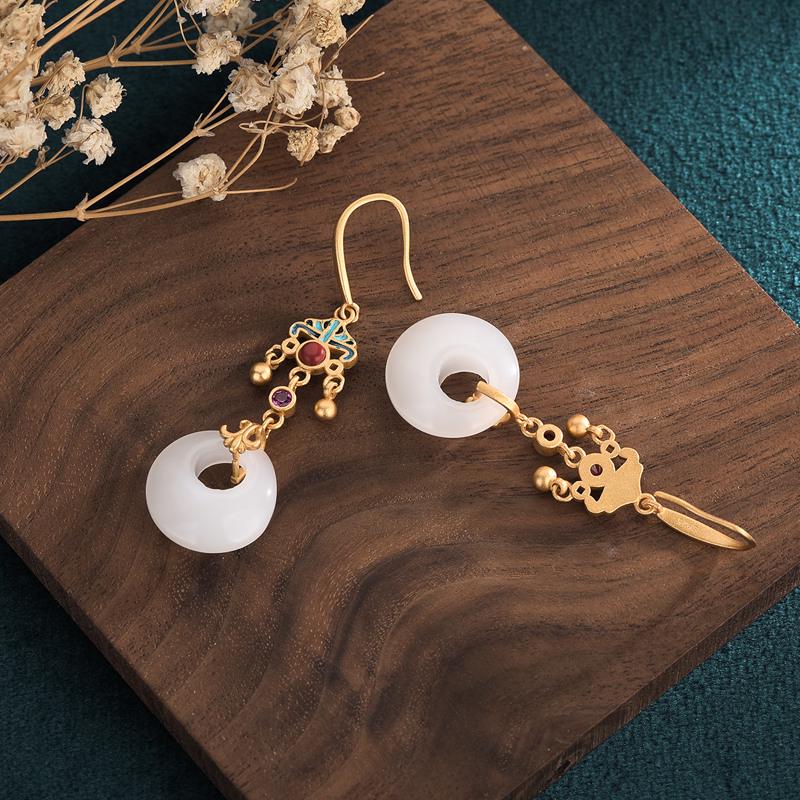 Guochao Palace-Style Retro Enamel Cloisonné Earrings with Jade Accents