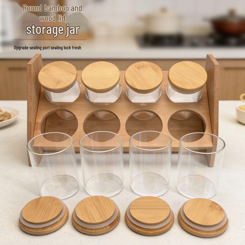 Round Bamboo Lid Glass Storage Jars for Tea, Dried Tangerine Peel, Grains, and Cereals