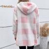 Wintermantel für Damen, Kontrastfarbe, Karomuster, dick, doppelseitig, mit Kapuze aus Samt, offene Nähte, elastische Bündchen, lockerer, warmer Mantel