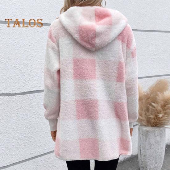 Wintermantel für Damen, Kontrastfarbe, Karomuster, dick, doppelseitig, mit Kapuze aus Samt, offene Nähte, elastische Bündchen, lockerer, warmer Mantel