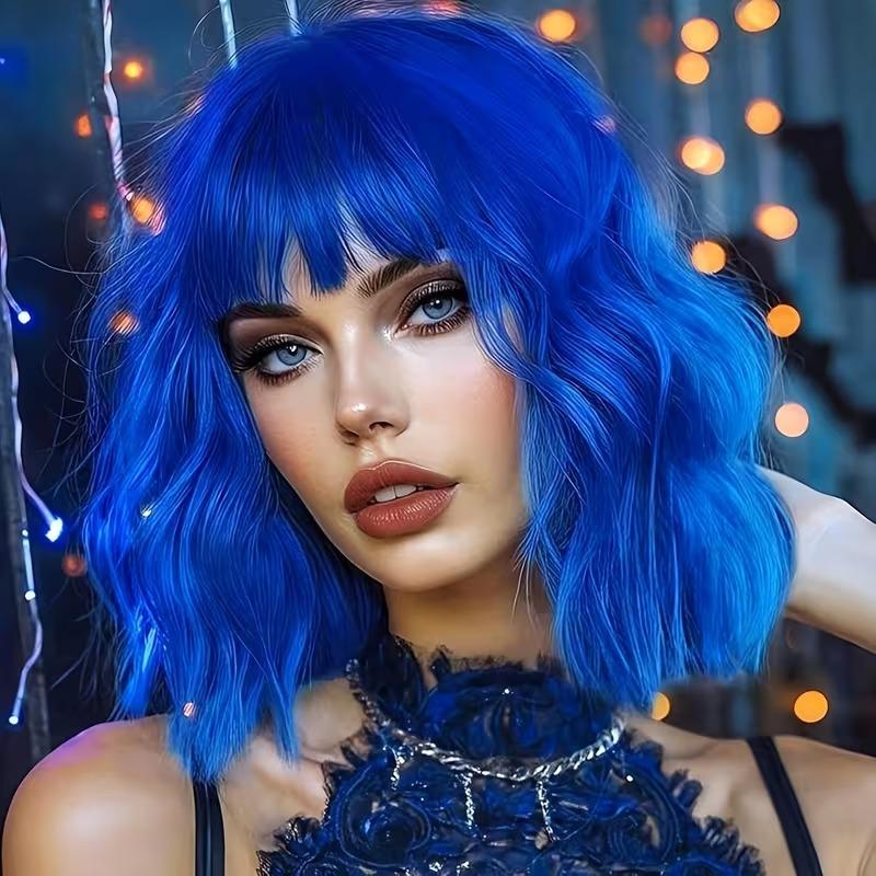 Bob Wig With Bangs 12 Inch Short Wavy Bob Wig Synthetic Blue Orange Pink Yellow Purple Red Wigs For Women Cosplay Halloween Daily Use