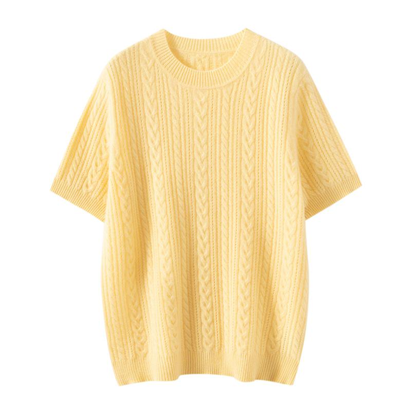 Women's 100% Pure Cashmere Cable Knit Short Sleeve Pullover Sweater