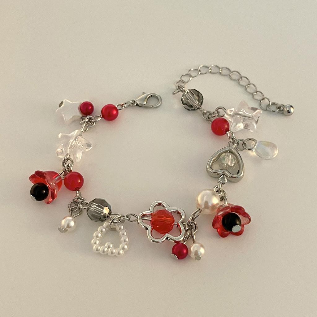 Punk Spice Girl Hollow Pentagram Love Pendant Bracelet, Sweet Cool Strawberry Beaded Jewelry For Women