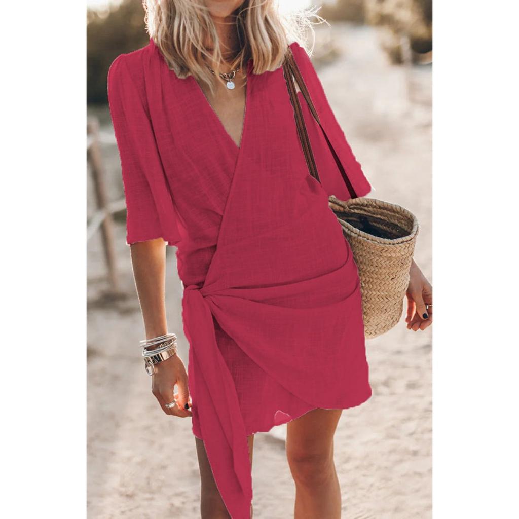 Spring and Summer Casual Cross V-neck Solid-color Short-sleeved Women's Dresses