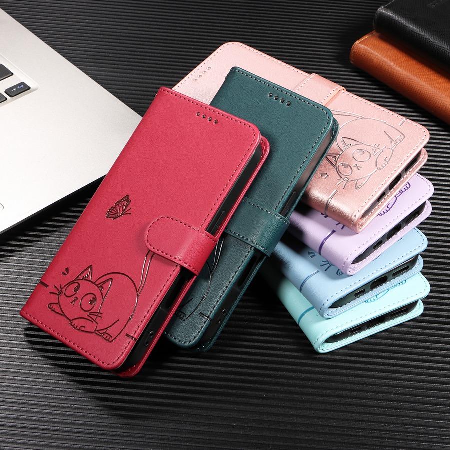 IPhone/Samsung/Xiaomi Redmi 3 için Bileklikli Sevimli Kabartmalı Kedi ve Kelebek Cüzdan Kılıf Kart Yuvaları ve Nakit Cebi Destek Ayaklı Telefon Kılıfı