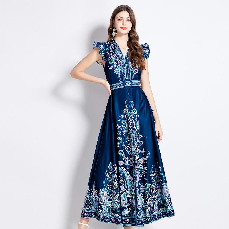 2025 İlkbahar Yaz Kadın Elbise - Retro Etnik Baskılı Volanlı Kollu Alevlenen Boho Maksi Elbise