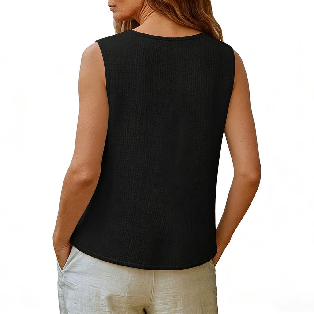 Dames Katoen Linnen Tanktops V-hals Los Casual Shirts Mouwloos Zomer Shirts Wrap Strik Shirt Camisole