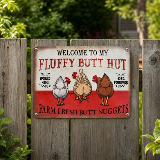 Fluffy Butt Hut Farm Sign, Vintage Chicken Coop Metal Sign, Weatherproof Rustic Wall Art, for Barn Kitchen Backyard Farmhouse Decor