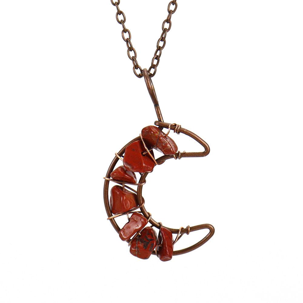 Vintage Handmade Wire-Wrapped Amethyst Moon Pendant Necklace with Colorful Crushed Stone Beads