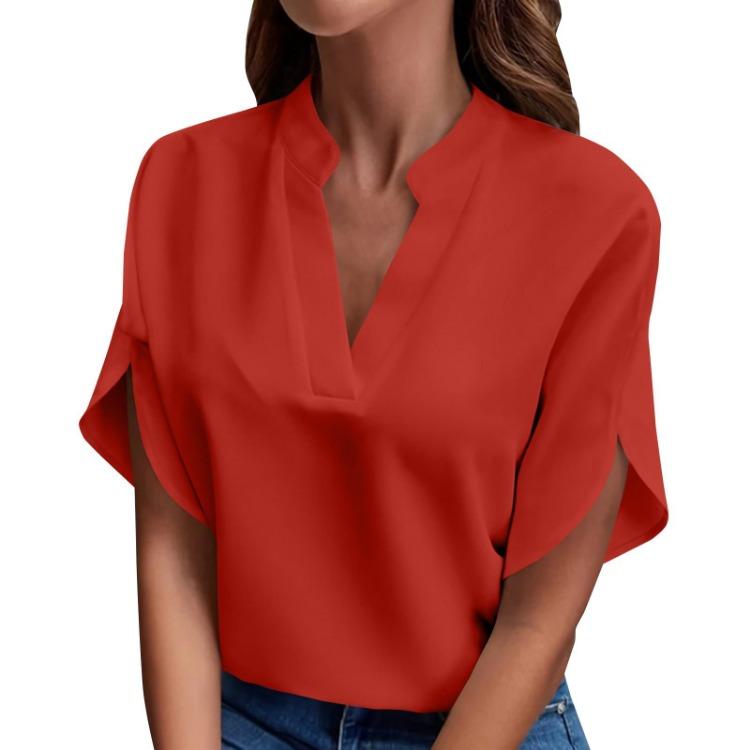 

Versatile Casual V-neck Short-sleeved Solid Color Pullover Shirt for Spring Summer S красный