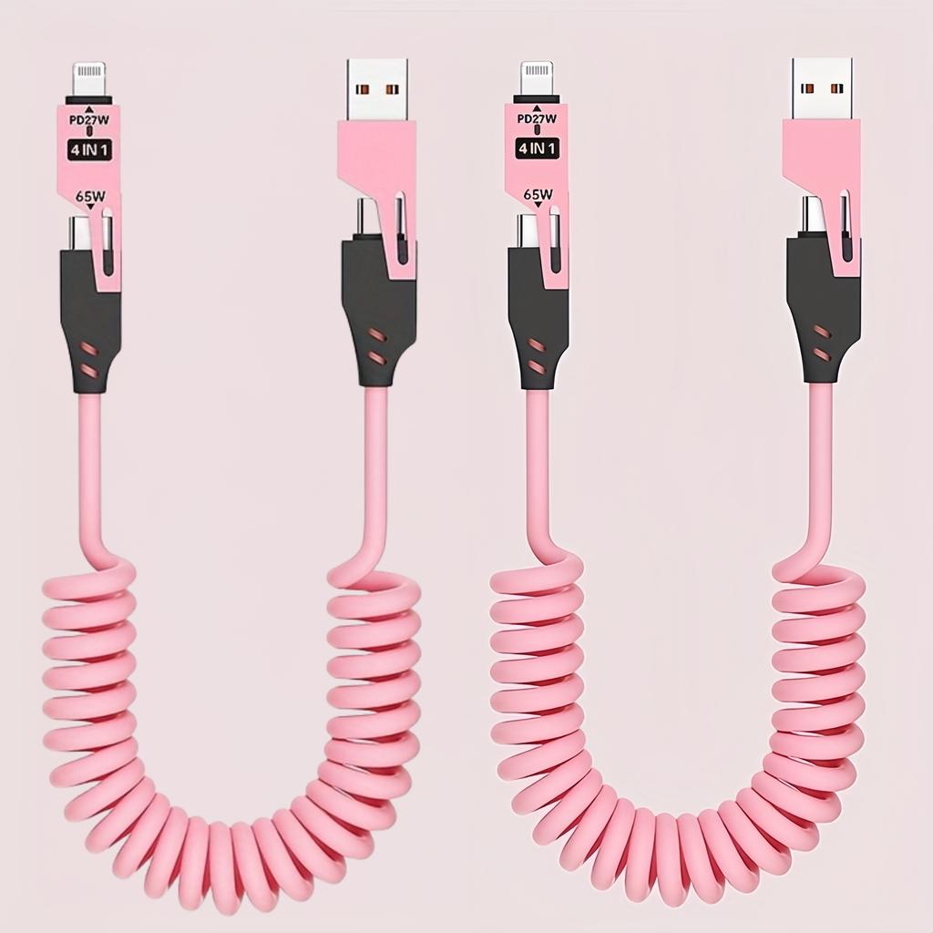 2pcs 4-in-1 Fast Charging USB-C To Type-C Cable, Retractable Spring Coiled Charger Cord for IPhone 16/15/14/13/12/11, for Huawei, for Samsung