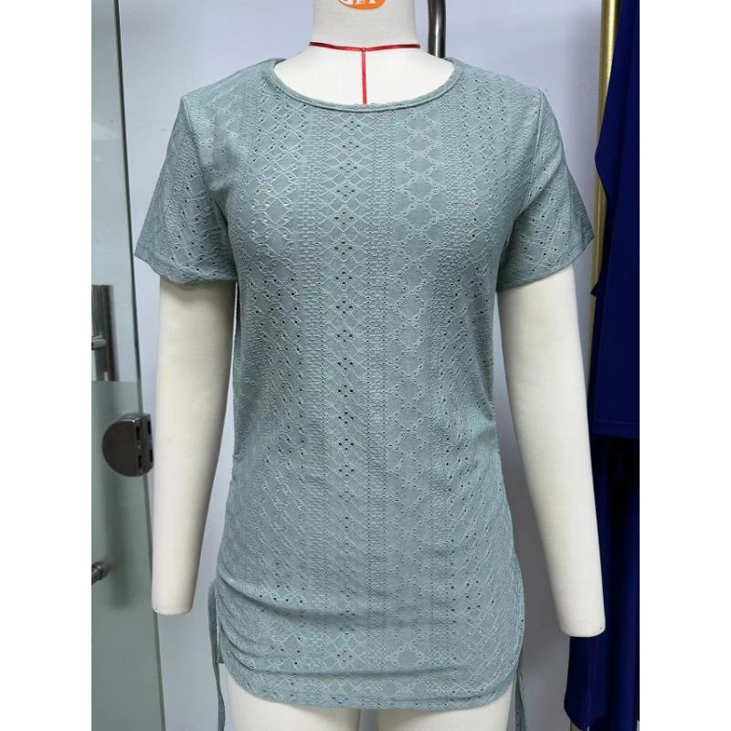 Letní dámské jednobarevné tričko s kulatým výstřihem, volným krátkým rukávem a stahovací šňůrkou