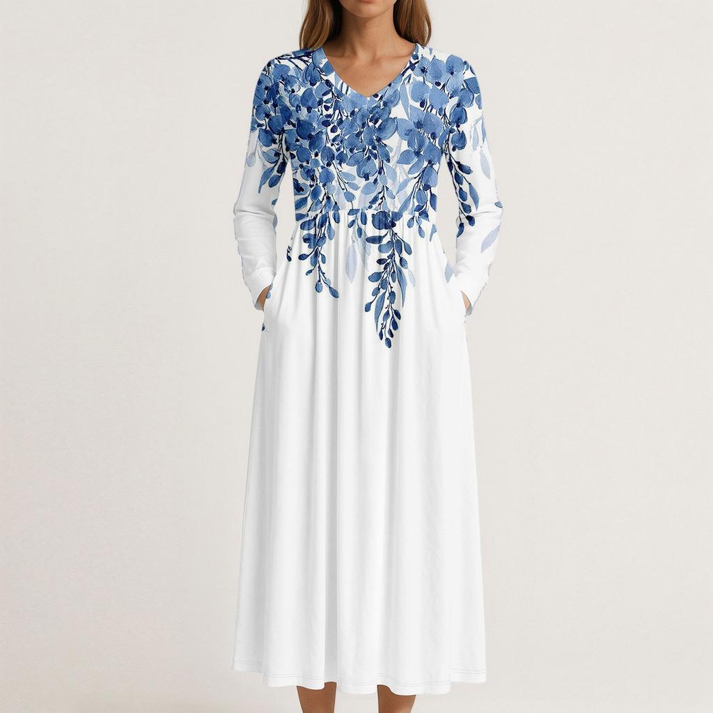 Kjole for kvinner Lang Boho Strandkjole Elegant Maxikjole V-hals Langermet Kjole med Lommer