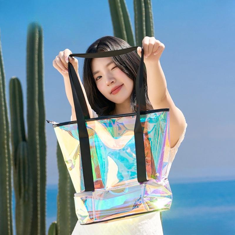 Holographic Transparent Beach Tote Bag Waterproof Large Capacity Travel Bag Dry Wet Separation Summer Swimming Shoulder Bag