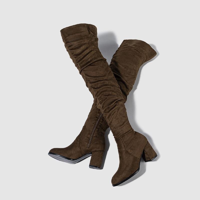 Winter Zipper Women Over-the-Knee Boots Fashion Flock Square Heel Shoes Thigh High Long Botas De Mujer
