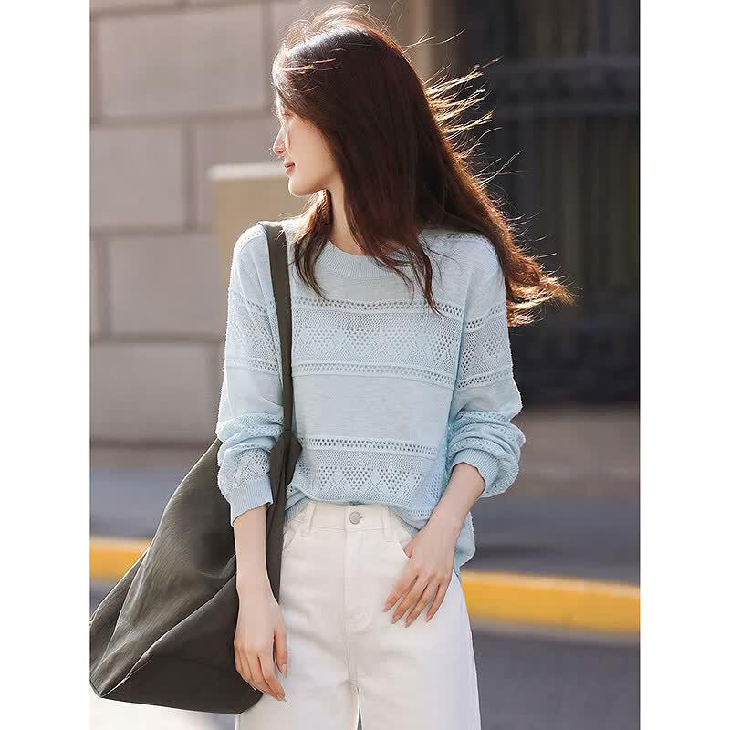 Women s Summer Hollow Out Knit Pullover Top One Size синий