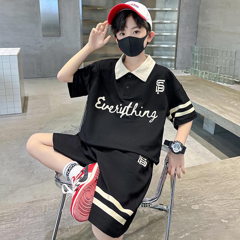 

Модный летний комплект из двух вещей с воротником поло для мальчиков - Пике хлопок в уличном стиле для подростков 160cm чёрный