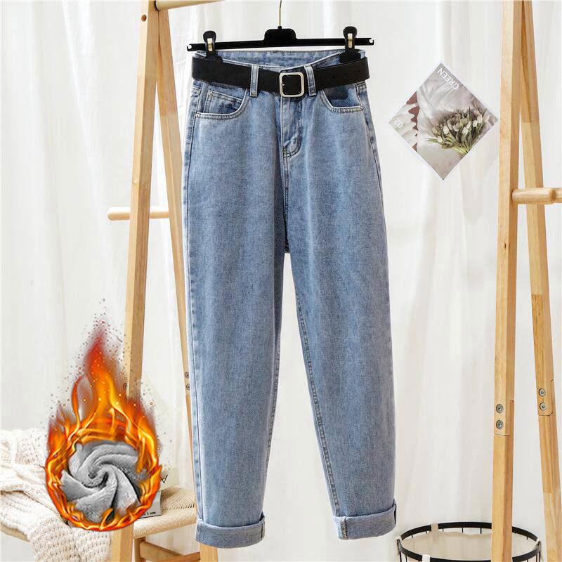 

Женские теплые джинсы-карроты из бархата с высокой талией — свободные, универсальные и модные брюки прямого покроя Medium