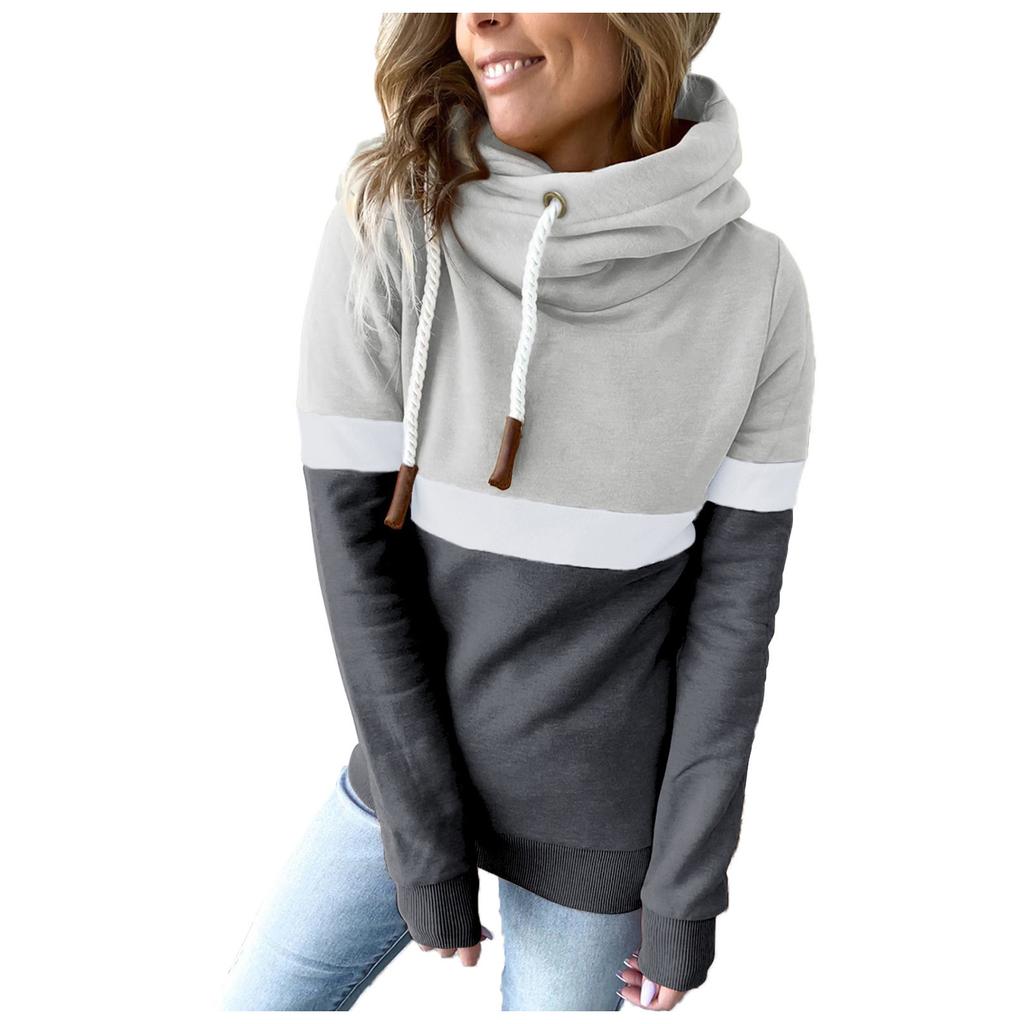 Fashion Womens Loose  Casual Hooded Drawstring Stitching Collision Color Long Sleeve Sweater