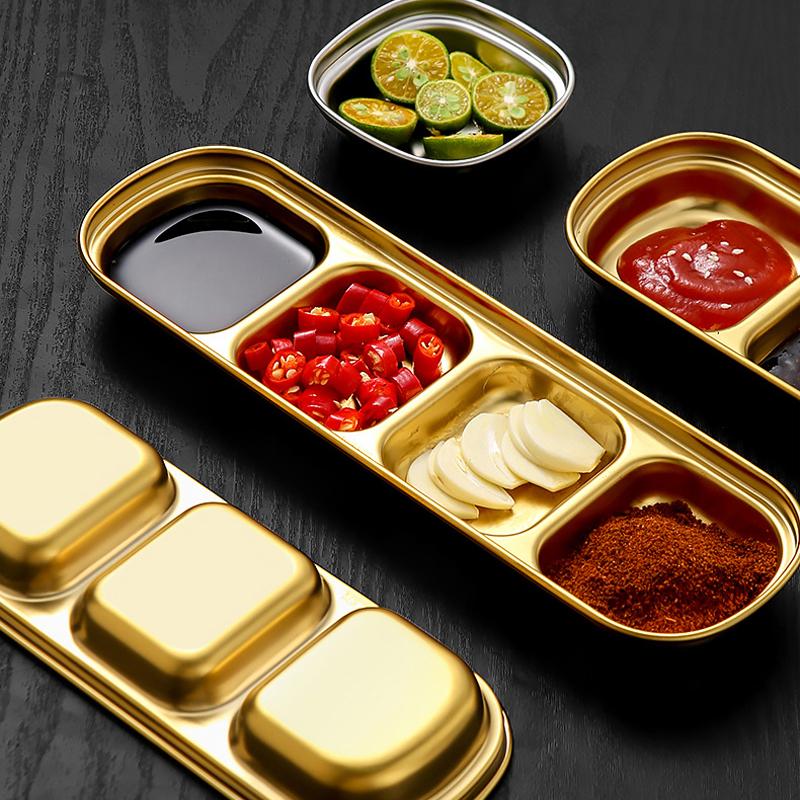 2pcs Stainless Steel Sauce Dish 4 Grids Divided Dipping Plates Seasoning Sauce Dip Bowl Vinegar Soy Spice Condiment Tray