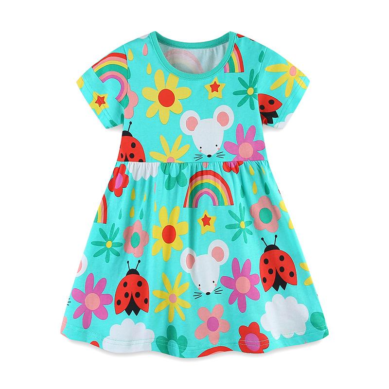 Summer new children s dress girls cartoon animal print princess dress baby round neck cotton dress 7Y(125cm)