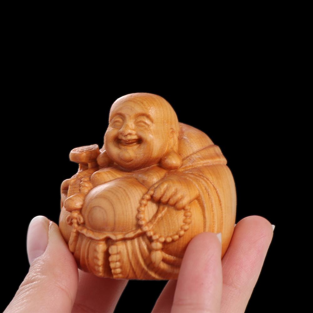 Woodcarving Laughing Buddha Maitreya Sculpture Mini Wooden Buddha Statue Craft Miniature Handmade Statue Children