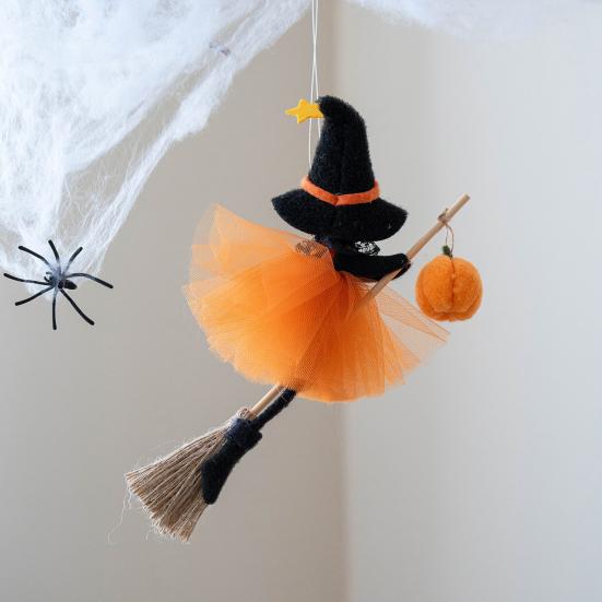 Halloween Hanging Witch Decor Mini Plush Flying Witch Doll with Broom for Haunted House Lawn Garden Patio Halloween Party Decor