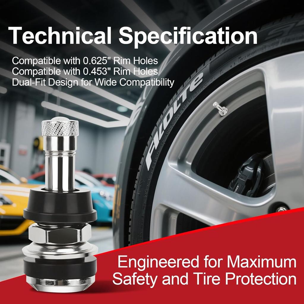 TR416 Valve Stem, 4 Pack Premium Metal Tire Valve Stems For Tubeless Tires, Fits 0.453" & 0.625" Rim Holes, Silver