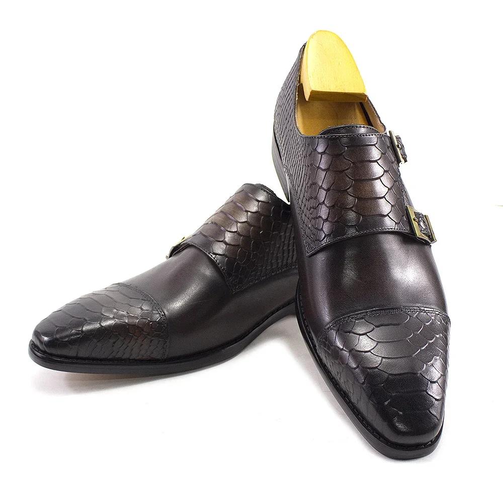 Fashion Luxury Double Buckle Monk Strap Men's Dress Shoes Genuine Leather Classic Crocodile Pattern Formal Business Office Footwear