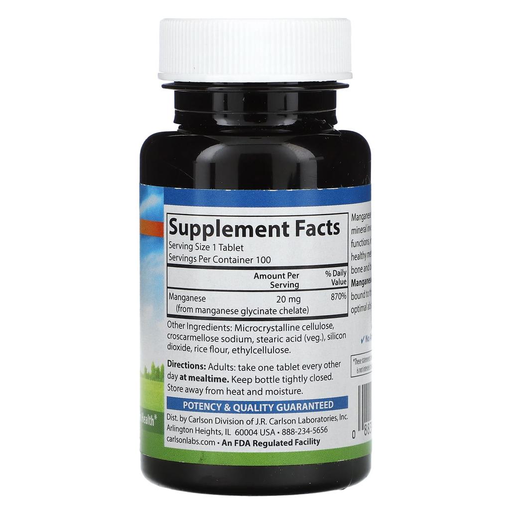 Chelated Manganese, 20Mg, 100 Tablets