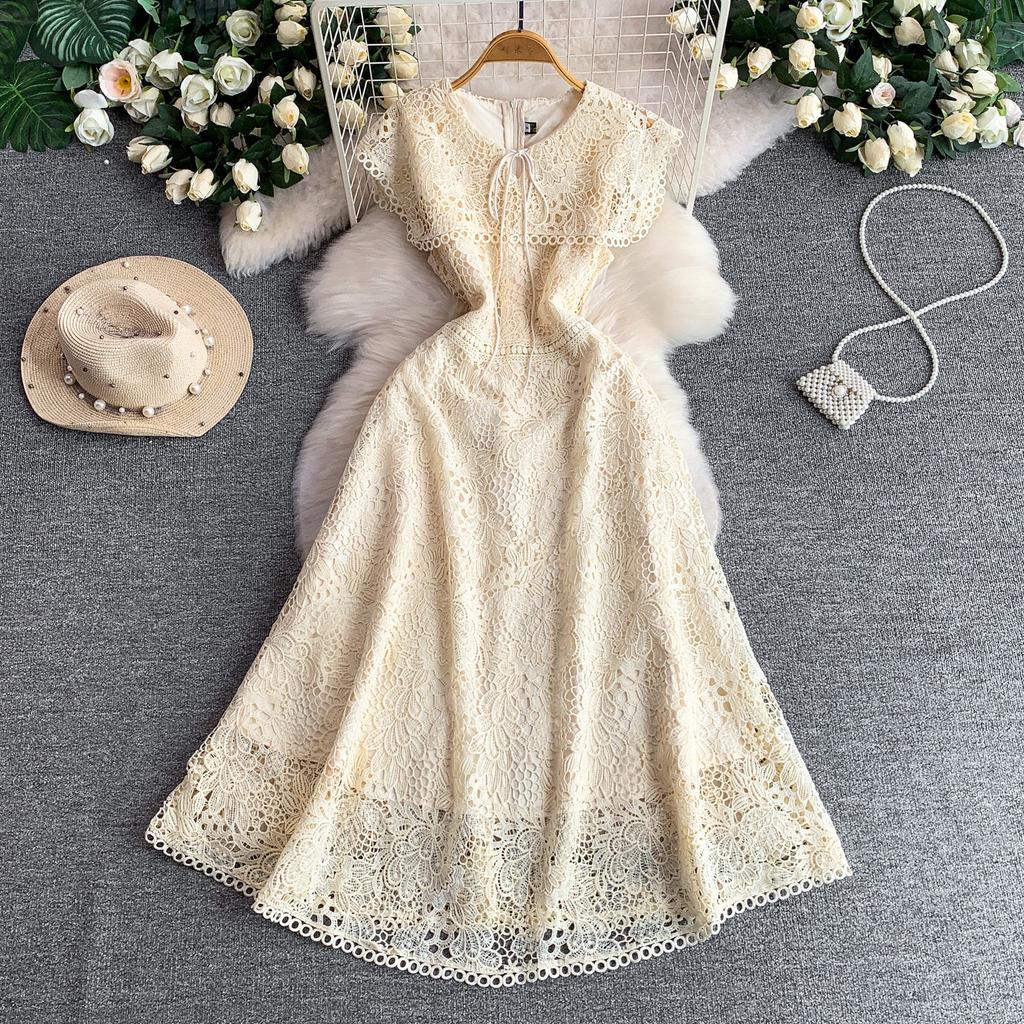 Elegant Lace Hollow Out Long Dresses Women's Holiday Short Sleeve Cape Embroidery Evening Party Summer Dress
