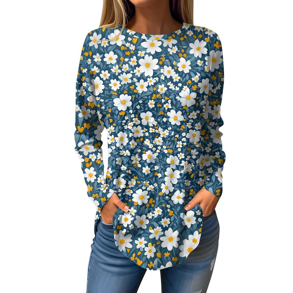 Women's Loose Round Neck Print Long Sleeve T-Shirt Top Pullover