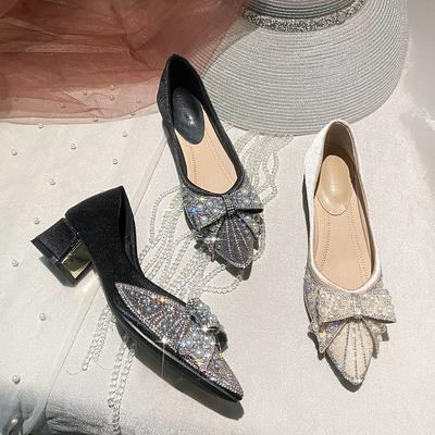 Pointed Bow Single Shoes Women's 2025 New Crystal Pearl Soft-soled Ladyshoes Rhinestone Bridesmaid Shoes High-heeled Work Shoes