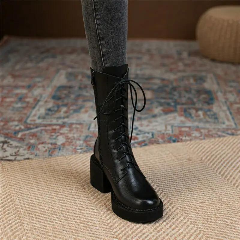 Women's Half High Boots Winter 2025 Ladies Mid Calf Shoes Round Toe New In Quality Novelty Sale on Promotion Work Waterproof Pu