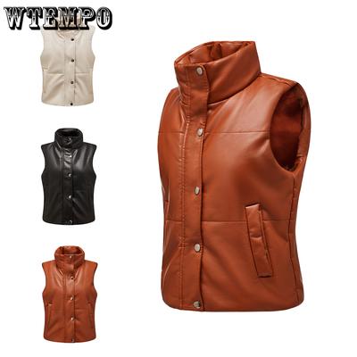 Women's Leather Vest Sleeveless Clip On Cotton Zipper Cotton Jacket Fashionable Stand Up Collar Jacket