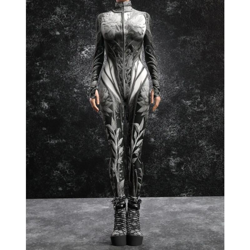 New Halloween Dark Symmetrical 3d Printed Jumpsuit Adult Sexy Skeleton Cosplay Bodysuit Party Stage Showing Catsuit Rave Outfits
