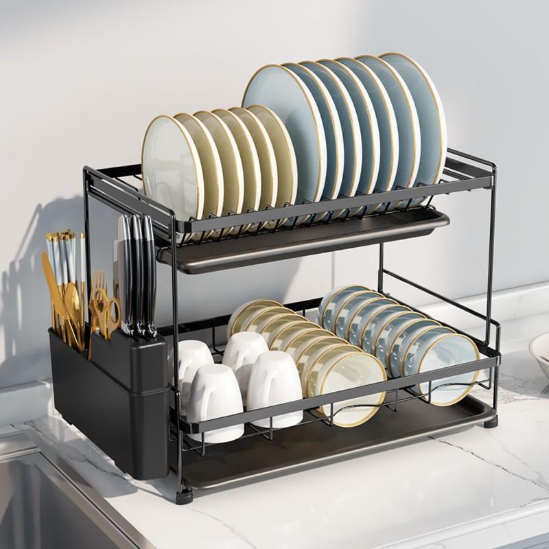 Stainless Steel Kitchen Counter Rack With Drainage Tray Multi-Tier Dish Organizer Bowls Plates Cutlery Cups