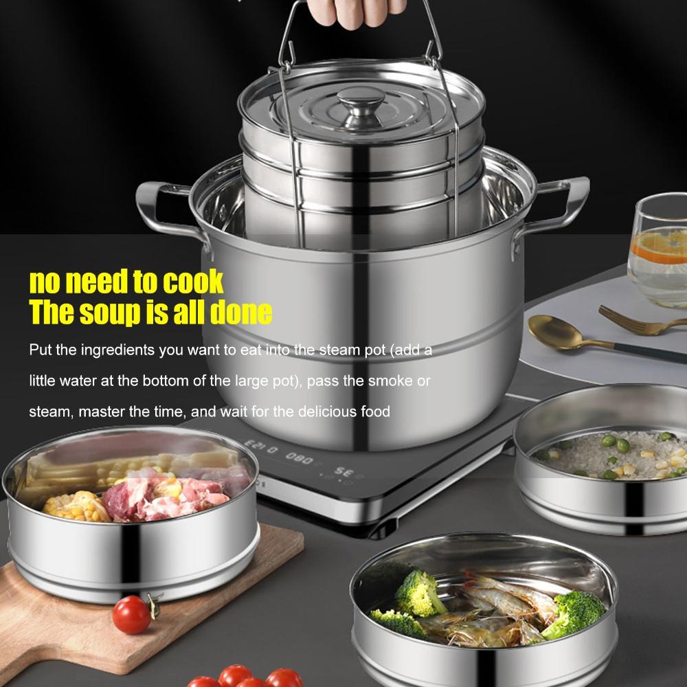 2-Tier Steam Pot 304 Stainless Steel Steaming Pot Durable Stackable Steamer  Pot-in-Pot Cooking