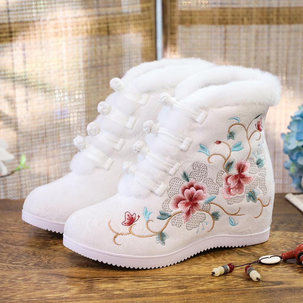 Chinese Style Embroidered Floral Cotton Boots Wedges Heel Women's Fur Winter Warm Ankle Snow Shoes Comfortable Bottines Size 35