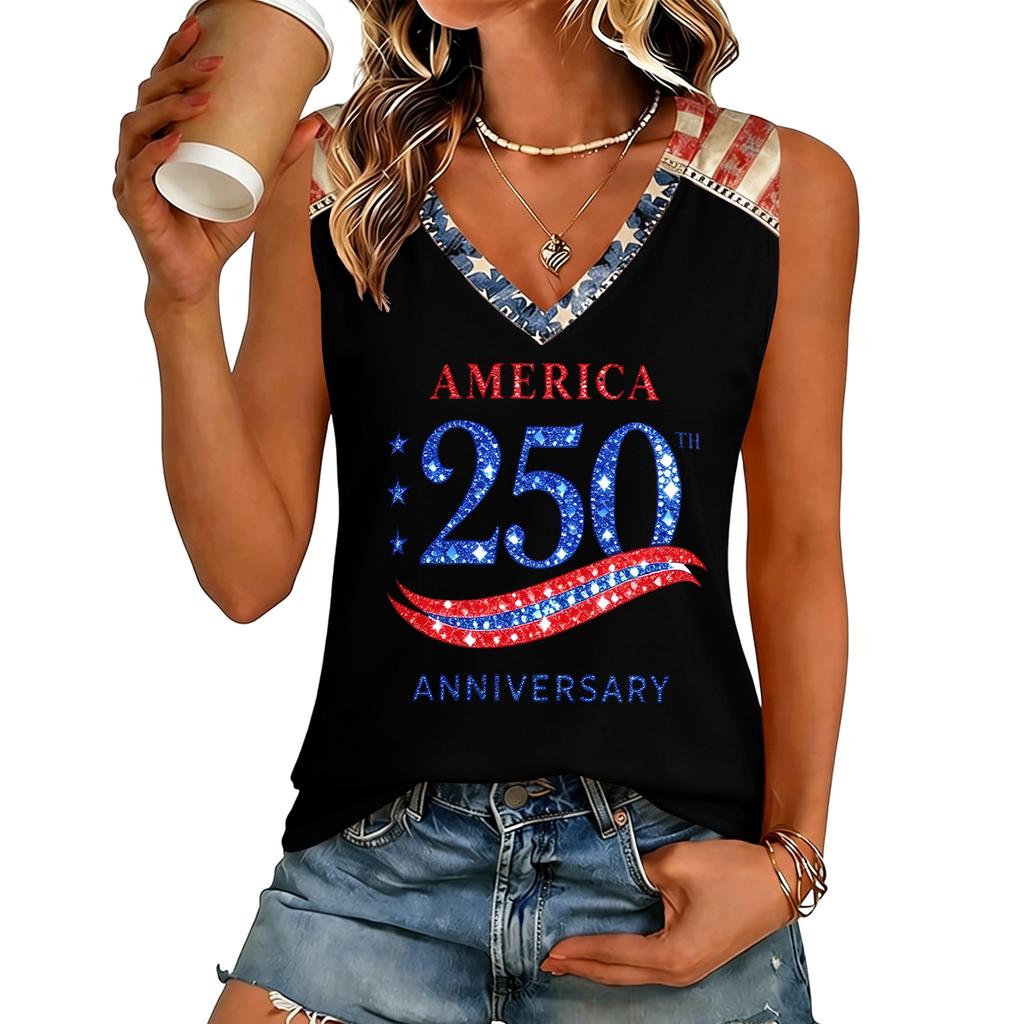 Womens V Neck Short Sleeve T Shirt Casual Fit Letter Print Top Comfortable Lightweight Pullover Tee America 250 Anniversary Design
