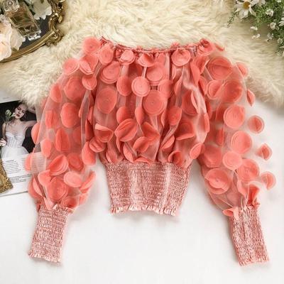 Moda Flores 3D Manga Bufante Slim Fit Blusas Sexy Femininas Tops Transparentes de Renda com Decote Assimétrico Camisa de Chiffon Feminina Lisa Ombro a Ombro Blusa Casual 26475
