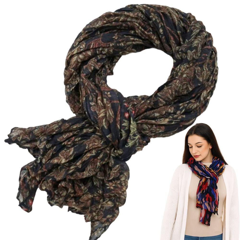 Floral Cotton Linen Scarf Vintage Long Shawl Wrap Fashion Pleated Printed Scarf  For Autumn Winter