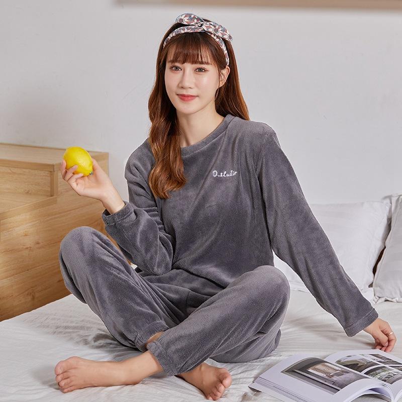 Women's Flannel Warm Home Sleepwear Sets Solid Color Round Neck Fleece Thick Pullover Lady Pajamas Long Sleeve Pants Casual 2Pcs