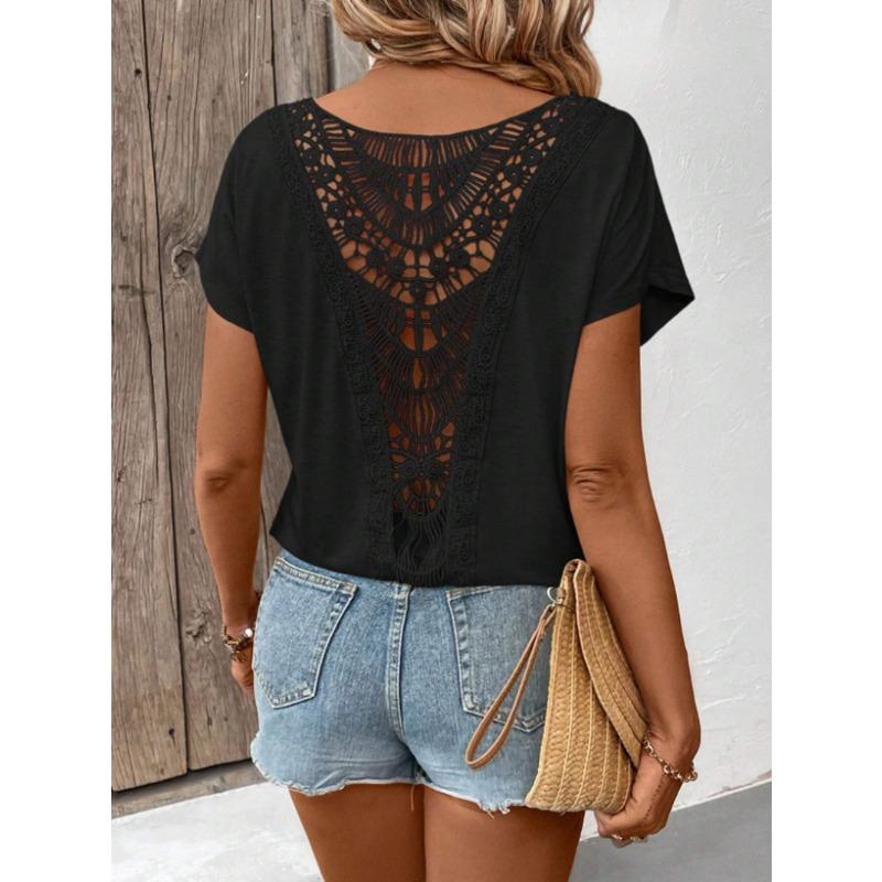 Весна и лето новый кружевной пэчворк короткий рукав футболка женская одежда S чёрный