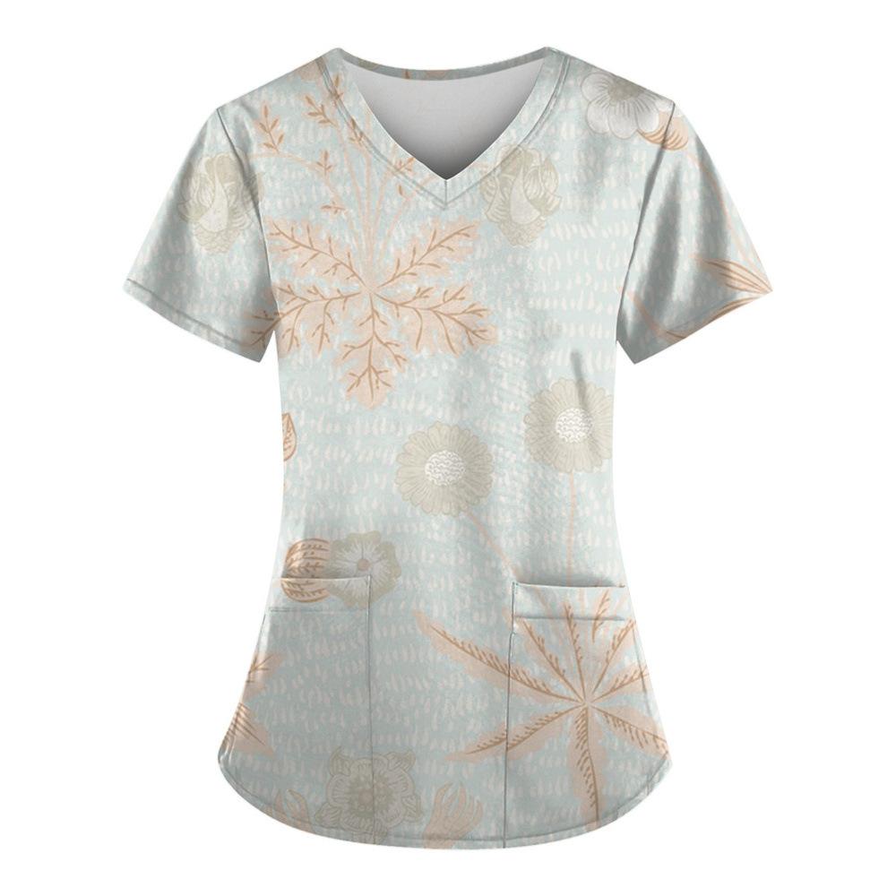 Willow Print Women's T-shirt V-neck Nurse Uniform Comfortable Short Sleeved Women's T-shirt